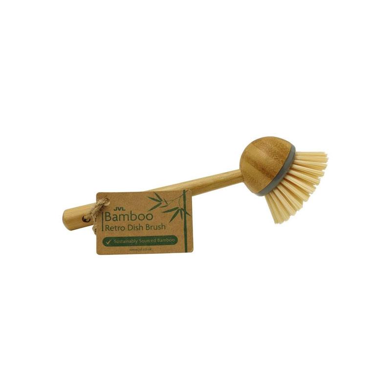 JVL Bamboo Retro Dish Brush Round Long Handle Washing Up Kitchen Brushe Natural