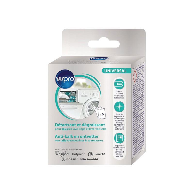 Wpro Whirlpool Limescale And Grease Remover 6 Bags Anti-Alkaline And Degreaser Descaler Dishwasher/Washing Machine Powder Lemon Scent Main image