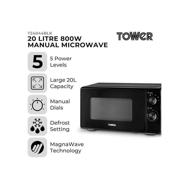 Tower Manual Microwave 20 Litres 800W With Dial Controls 5 Power Levels Defrost Function 30 Minute Timer Black