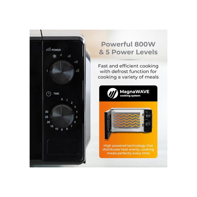 Tower Manual Microwave 20 Litres 800W With Dial Controls 5 Power Levels Defrost Function 30 Minute Timer Black