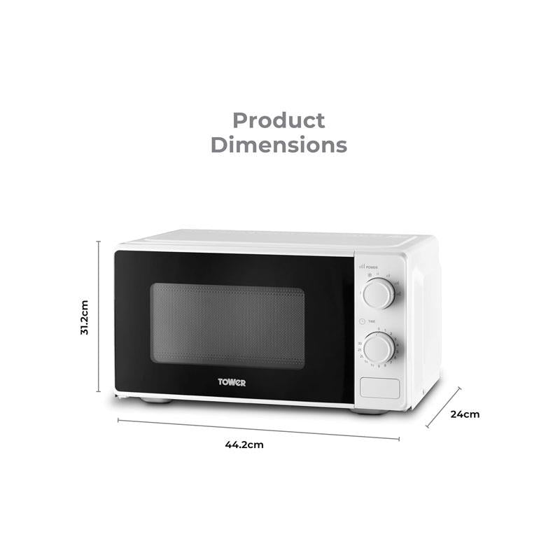 Tower Manual Microwave 20 Litres 800W With Dial Controls 5 Power Levels Defrost Function 30 Minute Timer White
