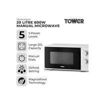 Tower Manual Microwave 20 Litres 800W With Dial Controls 5 Power Levels Defrost Function 30 Minute Timer White