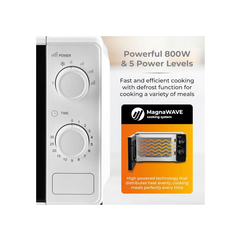 Tower Manual Microwave 20 Litres 800W With Dial Controls 5 Power Levels Defrost Function 30 Minute Timer White
