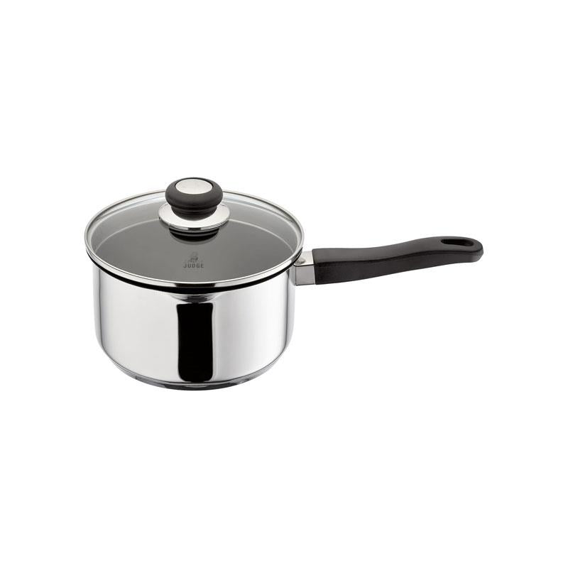 Judge Vista Draining Saucepan 20cm/3 Litre With Shatterproof Glass Strain And Pour Lid Non-Stick Large Polished Stainless Steel Silver