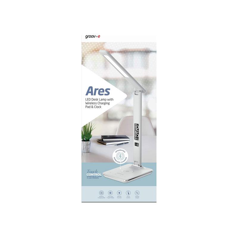 Groov-e Ares Desk LED Lamp With Wireless Charging Pad & Clock White