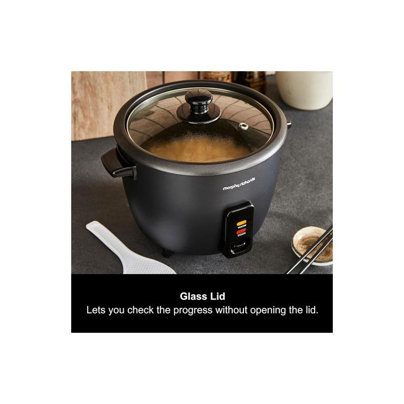 Morphy Richards Rice Cooker And Steamer Automatic Cooking Non-stick Aluminum Inner Pot Glass Lid 500W 8 Cups 1.5 Litre Black