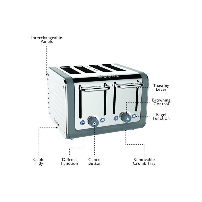 Dualit Architect 4 Slice Toaster Polished Stainless Steel Extra-Wide 36mm Slots 2250W Grey