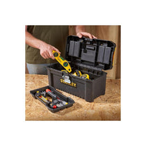Stanley 16 Inch Basic Toolbox With Organiser Top Essential Tool Box Durable Storage Solution Removable Tote Tray Black/Yellow