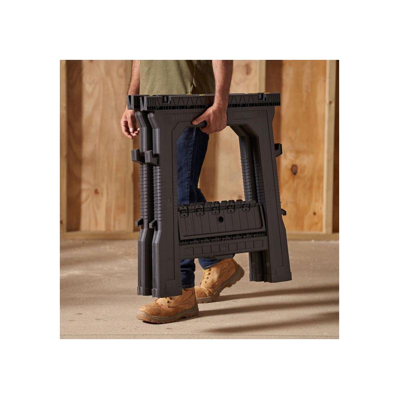 Stanley Folding Workbench Saw Horses Twin Pack Ultra Cvompact Folds Flat Up To 450kg Max Load Capacity Black