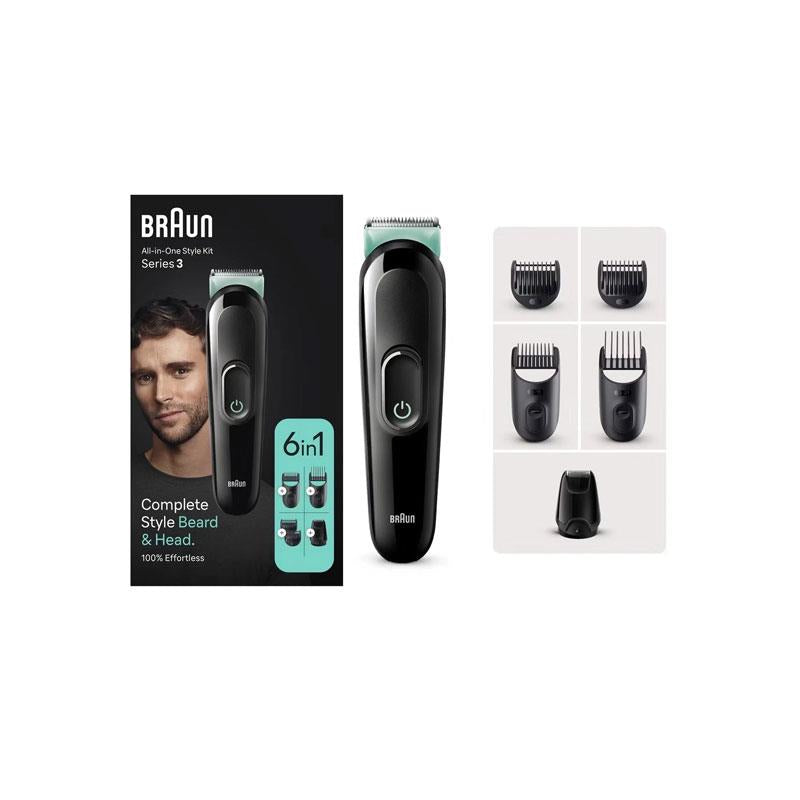 Braun Series 3 6-In-1 All-In-One Style Kit Beard Trimmer Hair Clippers And Face Grooming Kit 50min Runtime Black/Green