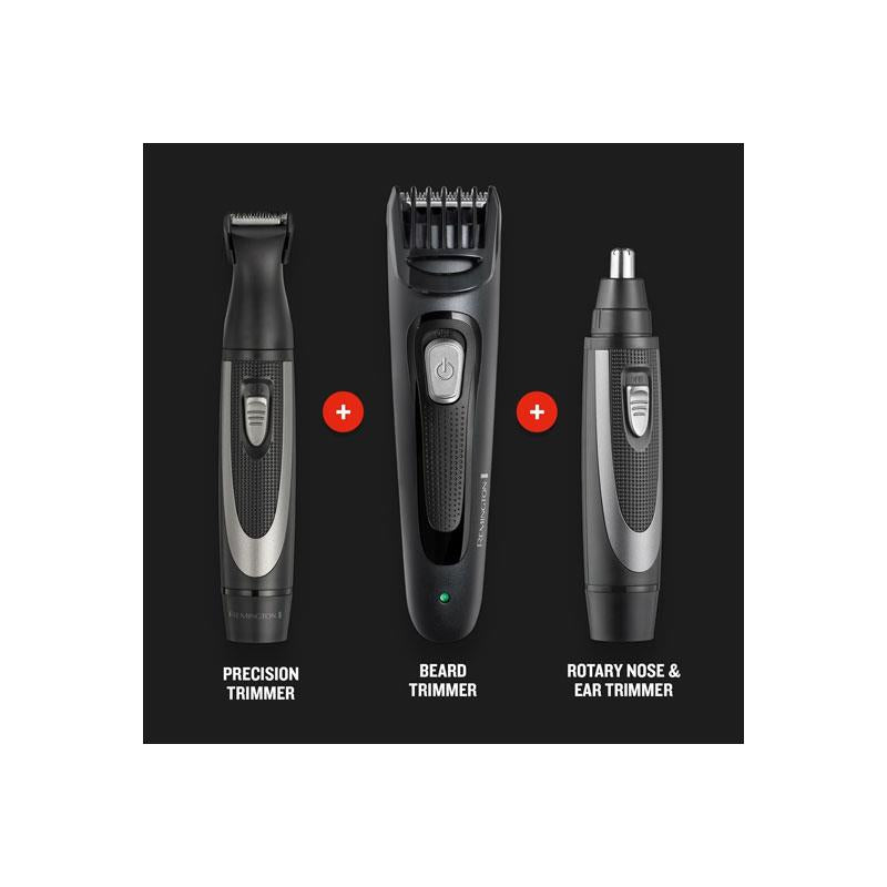 Remington The Works Beard Trimmer Kit 6 Piece Beard Trimmer With Comb 2mm-18mm Precision Trimmer With Comb 1mm-5mm Nose And Ear Trimmer Black