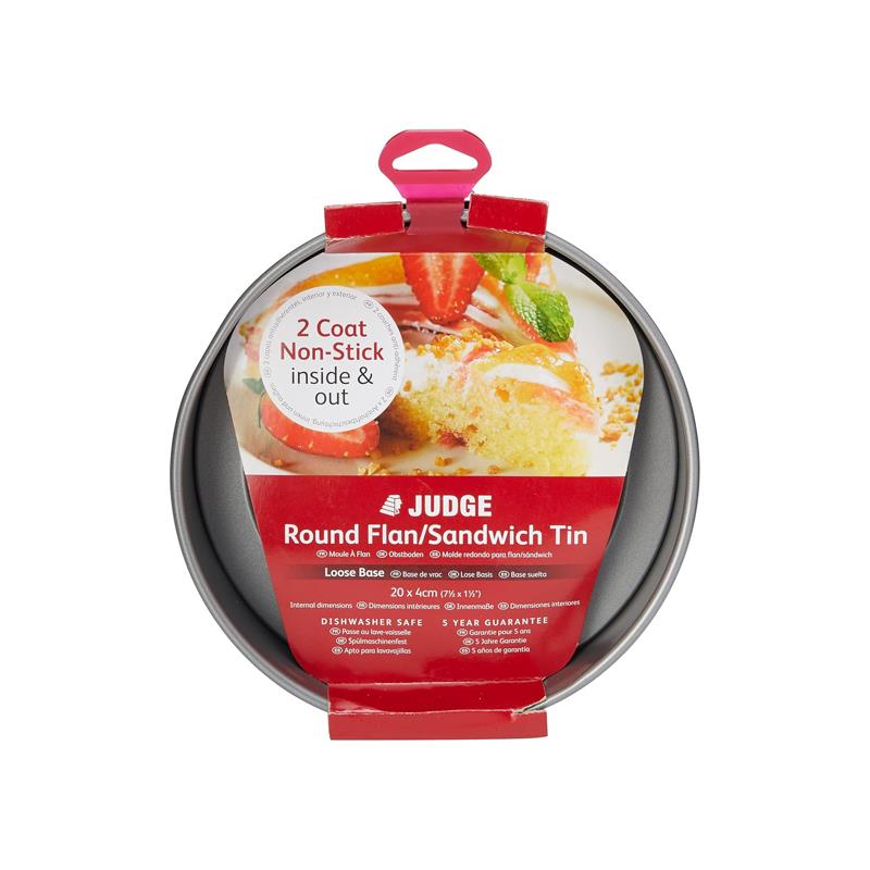 Judge Non-Stick Round 8 Inch Flan Tin/Sandwich Tin With Loose Base Non-Stick Carbon Steel 20cm x 4 cm Grey