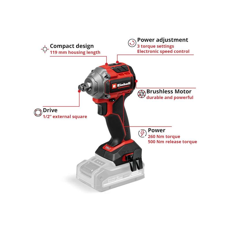 Einhell Professional TP-CW 18/260-C Li BL - Solo 18V Power X-Change Cordless Impact Wrench Without Battery Red