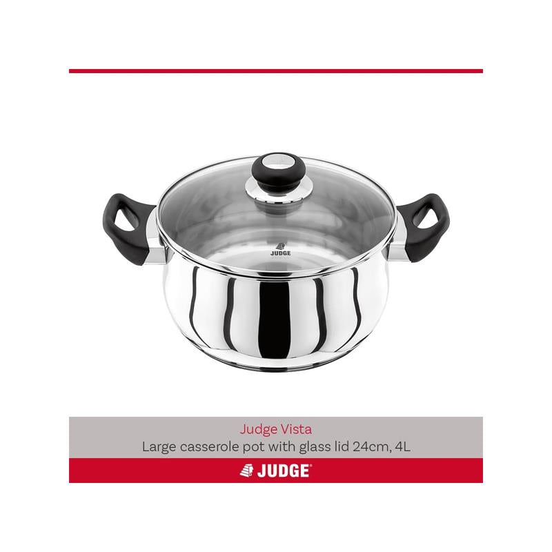 Judge Vista Casserole Pot 24cm/4 Litre Large Stainless Steel Shatterproof Vented Glass Lid With Twin Handles Silver