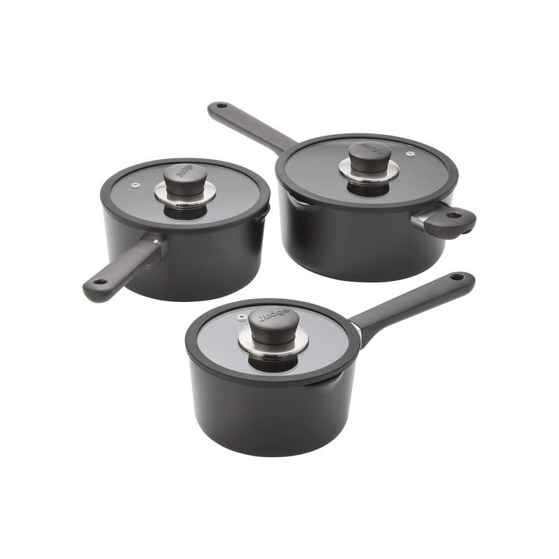 Judge Vista Ceramic Draining Saucepan 16cm/18cm/20cm 3 Piece Set Non-Stick Aluminium Base Stay Cool Handles Black Main image