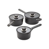 Judge Vista Ceramic Draining Saucepan 16cm/18cm/20cm 3 Piece Set Non-Stick Aluminium Base Stay Cool Handles Black