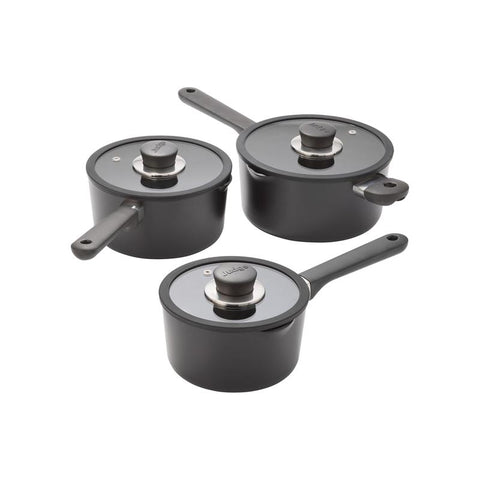 Judge Vista Ceramic Draining Saucepan 16cm/18cm/20cm 3 Piece Set Non-Stick Aluminium Base Stay Cool Handles Black