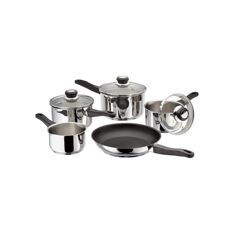 Judge Vista Draining Cookware Set Set of 5 16cm 18cm 20cm Saucepans With Pouring Lip And Strainer Lids 14cm Milk Pan 26cm Non-Stick Frying Pan Silver Main image