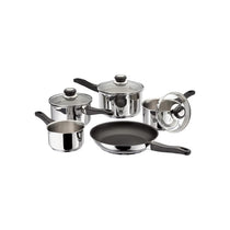 Judge Vista Draining Cookware Set Set of 5 16cm 18cm 20cm Saucepans With Pouring Lip And Strainer Lids 14cm Milk Pan 26cm Non-Stick Frying Pan Silver