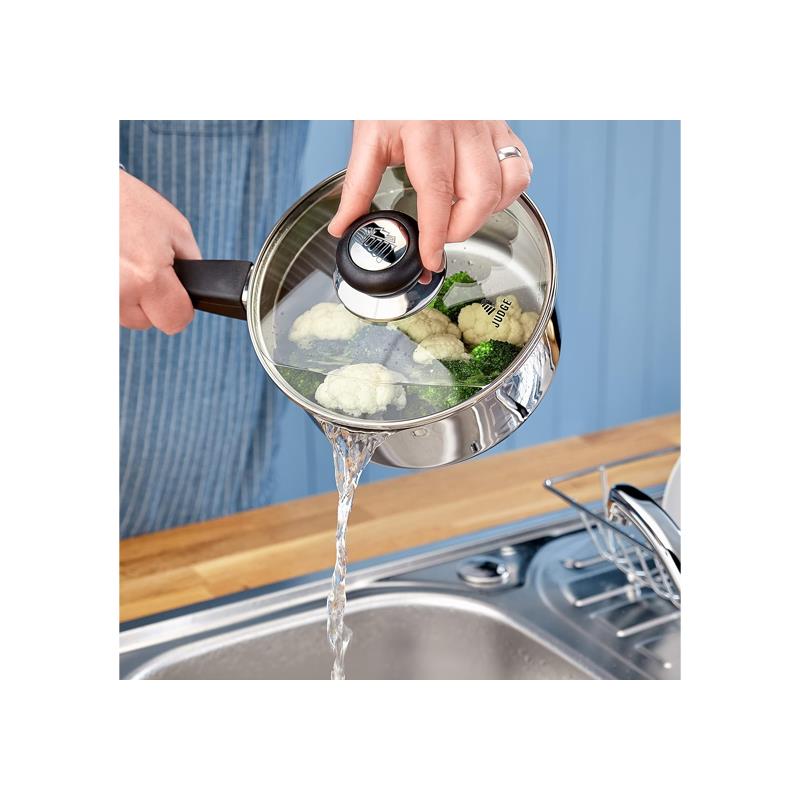 Judge Vista Draining Cookware Set Set of 5 16cm 18cm 20cm Saucepans With Pouring Lip And Strainer Lids 14cm Milk Pan 26cm Non-Stick Frying Pan Silver