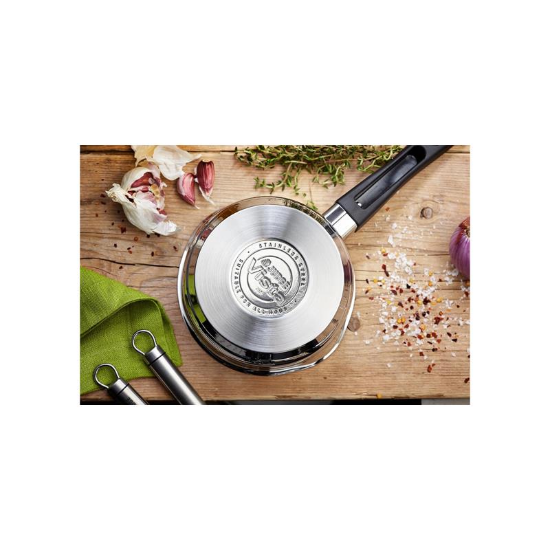 Judge Vista Draining Cookware Set Set of 5 16cm 18cm 20cm Saucepans With Pouring Lip And Strainer Lids 14cm Milk Pan 26cm Non-Stick Frying Pan Silver