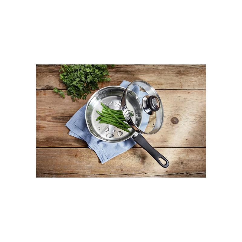 Judge Vista Draining Cookware Set Set of 5 16cm 18cm 20cm Saucepans With Pouring Lip And Strainer Lids 14cm Milk Pan 26cm Non-Stick Frying Pan Silver