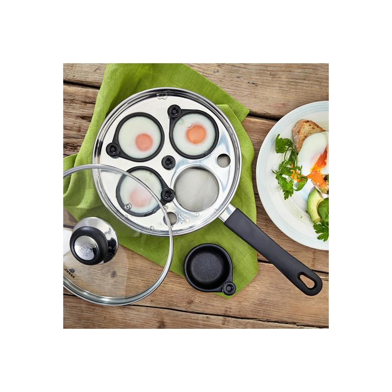 Judge Essentials Four-Cup Egg Poacher And Frying Pan 20cm Stainless Steel Vented Glass Lid Stay-Cool Handle Silver