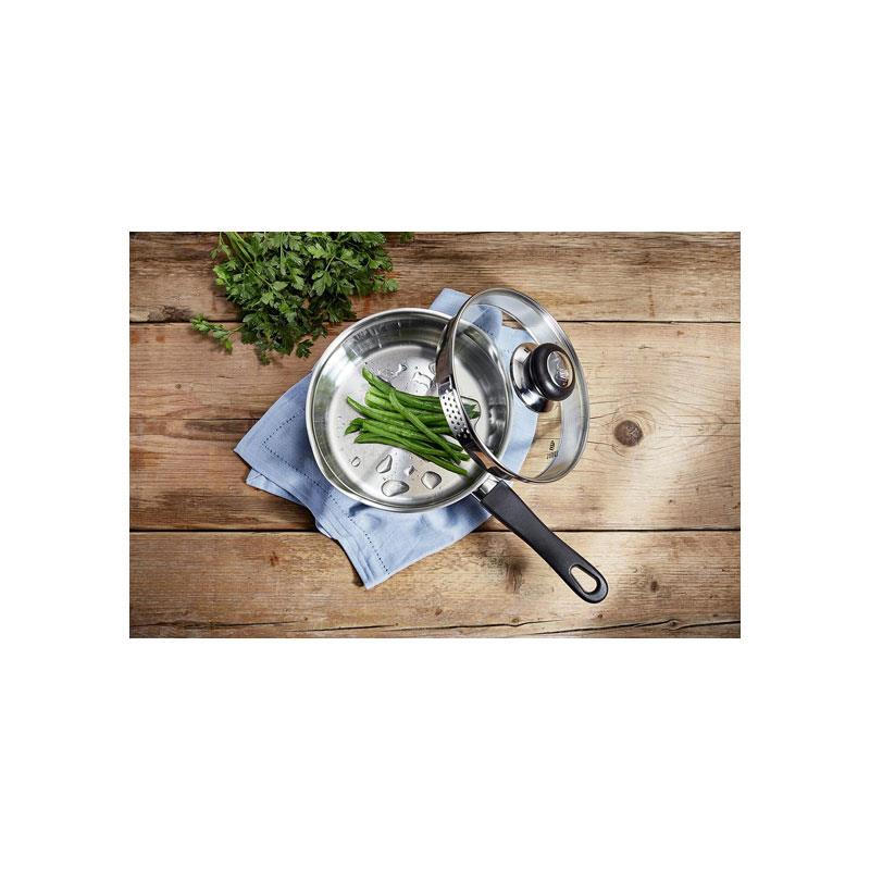 Judge Vista Draining Saucepan 16cm 1.5L Stainless Steel Non-Stick Pan with Vented Glass Lid