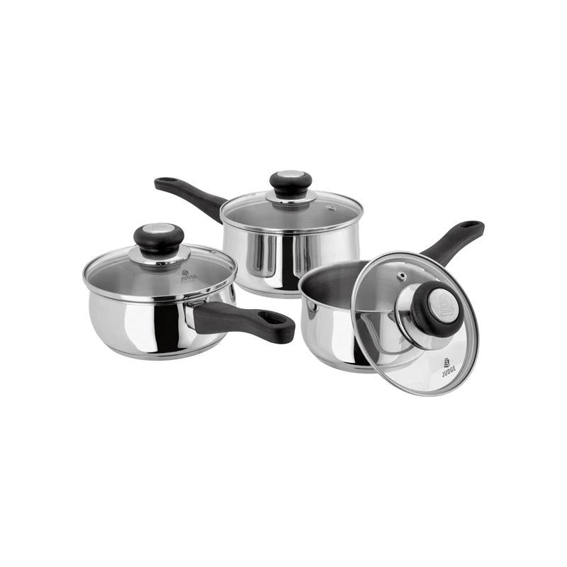 Judge Vista Stainless Steel Saucepan Set 14cm 16cm 18cm 3 Piece with Glass Lids Induction Compatible Main image