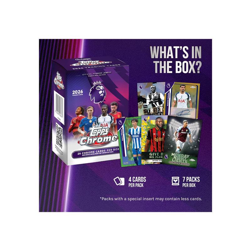 Topps Chrome 2026 Premier League Soccer Trading Cards Value Box – 28 Cards Exclusive Parallels & Inserts