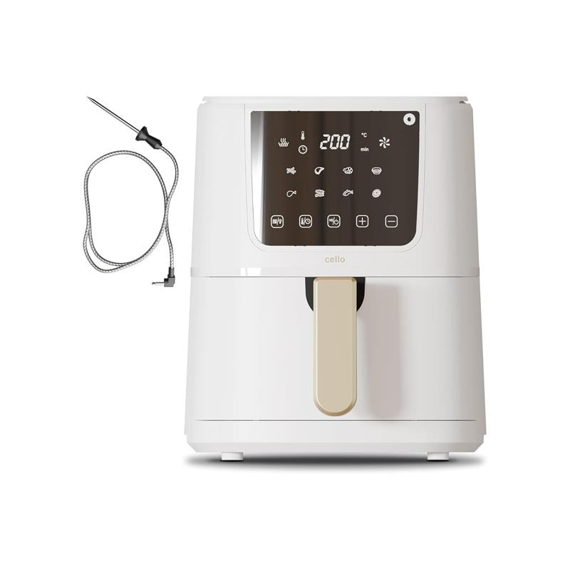 Cello Single Basket Digital Air Fryer With In-Built ProChef Food Thermometer 8 Presets Grill Roast Bake Non-Stick Touch Control Recipes Included White Main image