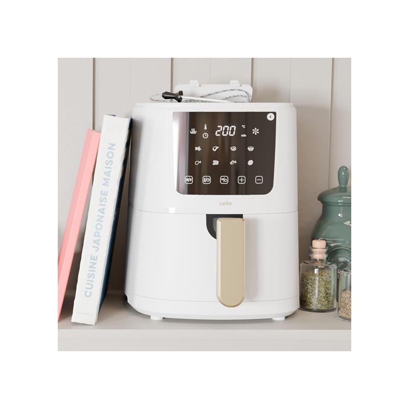 Cello Single Basket Digital Air Fryer With In-Built ProChef Food Thermometer 8 Presets Grill Roast Bake Non-Stick Touch Control Recipes Included White