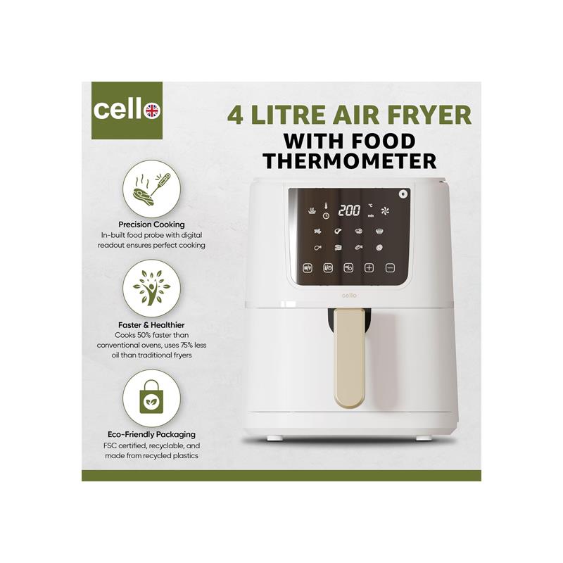 Cello Single Basket Digital Air Fryer With In-Built ProChef Food Thermometer 8 Presets Grill Roast Bake Non-Stick Touch Control Recipes Included White