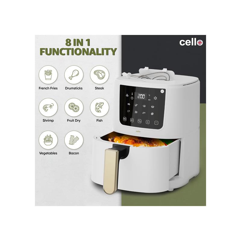 Cello Single Basket Digital Air Fryer With In-Built ProChef Food Thermometer 8 Presets Grill Roast Bake Non-Stick Touch Control Recipes Included White