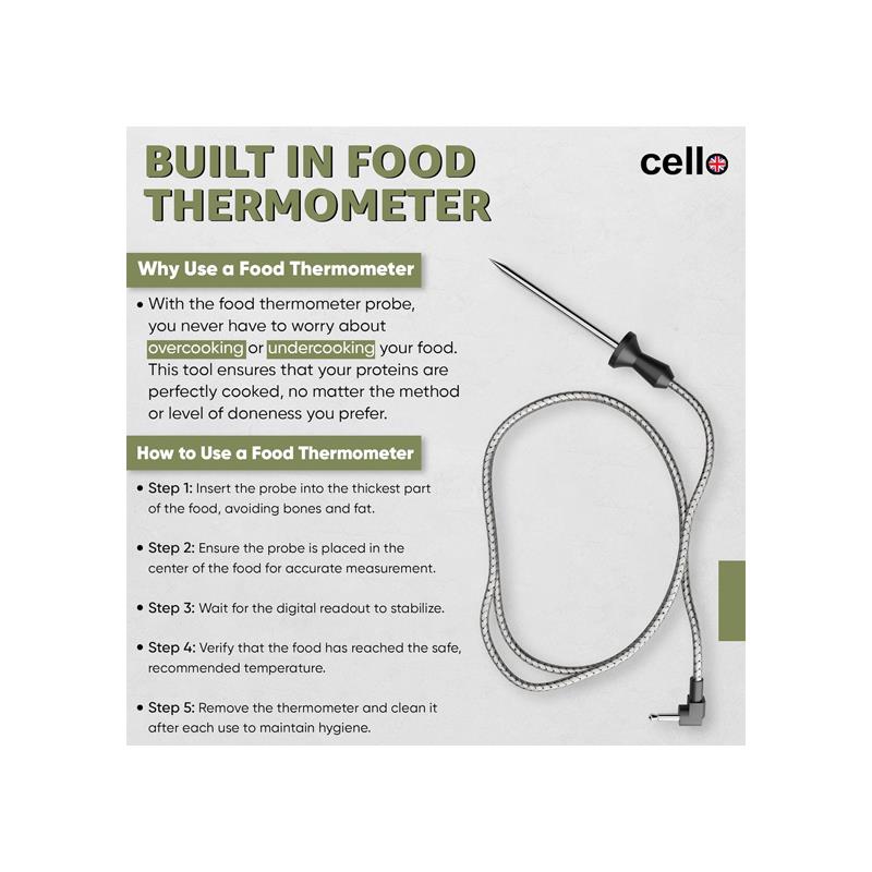 Cello Single Basket Digital Air Fryer With In-Built ProChef Food Thermometer 8 Presets Grill Roast Bake Non-Stick Touch Control Recipes Included White
