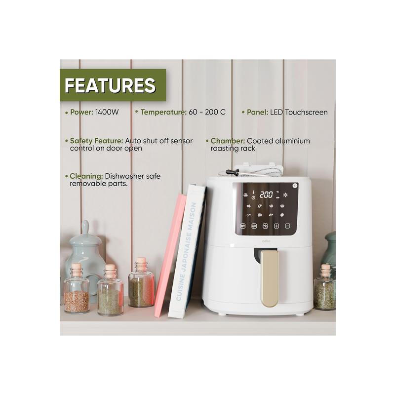Cello Single Basket Digital Air Fryer With In-Built ProChef Food Thermometer 8 Presets Grill Roast Bake Non-Stick Touch Control Recipes Included White