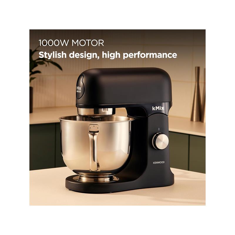 Kenwood kMix Sleek Stand Mixer Stainless Steel Bowl Planetary Mixing Variable Speed Control 3-Piece Patisserie Set And Splash Guard 1000W 5 Litres Black