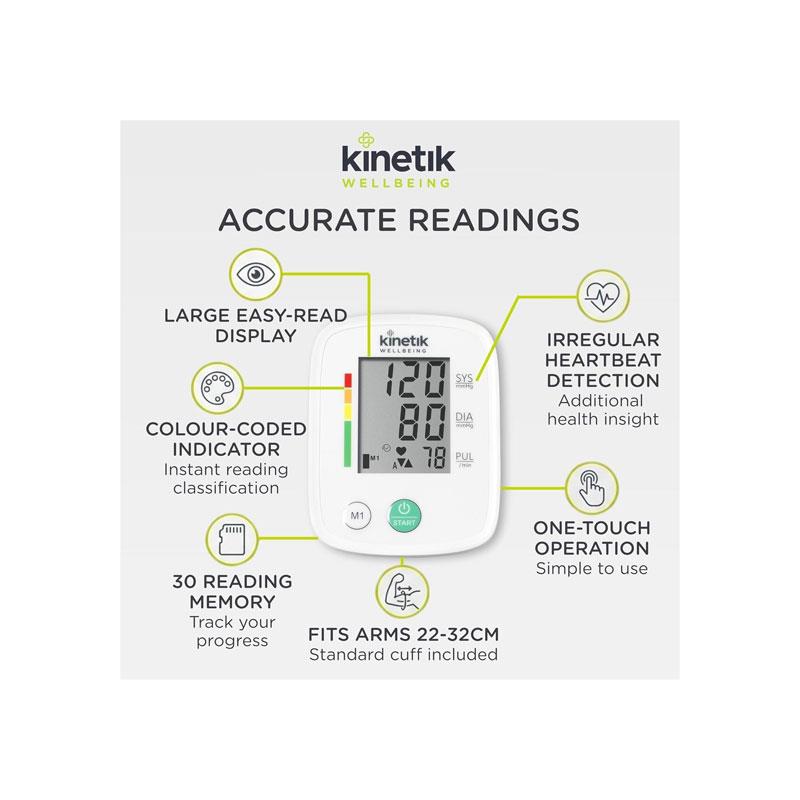Kinetik Wellbeing Blood Pressure Monitor Fully Automatic Upper Arm BP Monitor 30 Memory Standard Cuff 22-32cm White