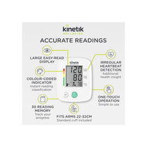 Kinetik Wellbeing Blood Pressure Monitor Fully Automatic Upper Arm BP Monitor 30 Memory Standard Cuff 22-32cm White