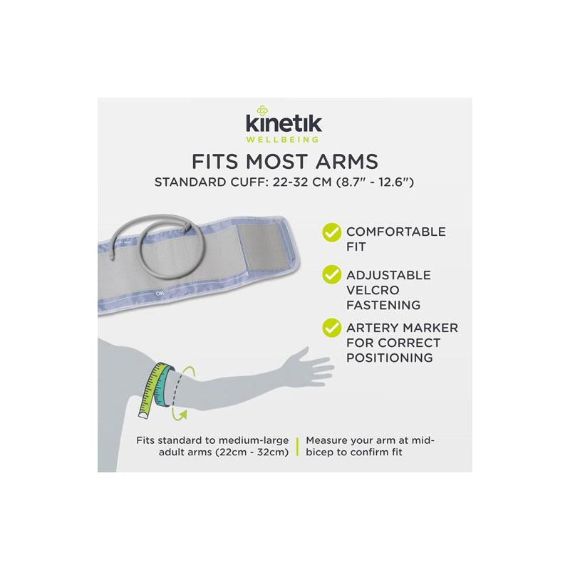Kinetik Wellbeing Blood Pressure Monitor Fully Automatic Upper Arm BP Monitor 30 Memory Standard Cuff 22-32cm White