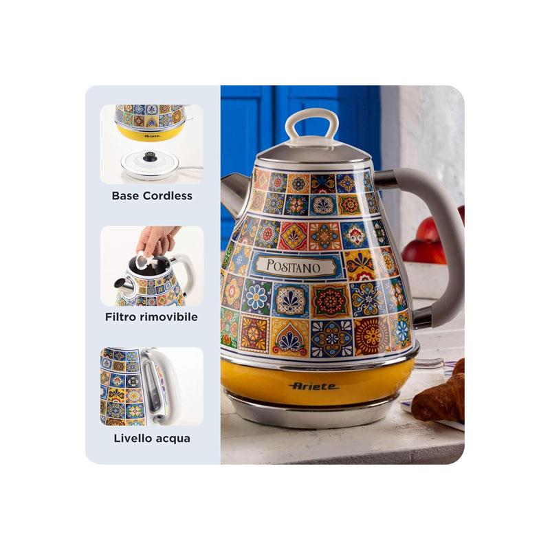 Ariete Positano Electric Jug Kettle Stainless Steel Painted Steel Retro Italian Tile Design 2000W 1.7 Litre Multicolour