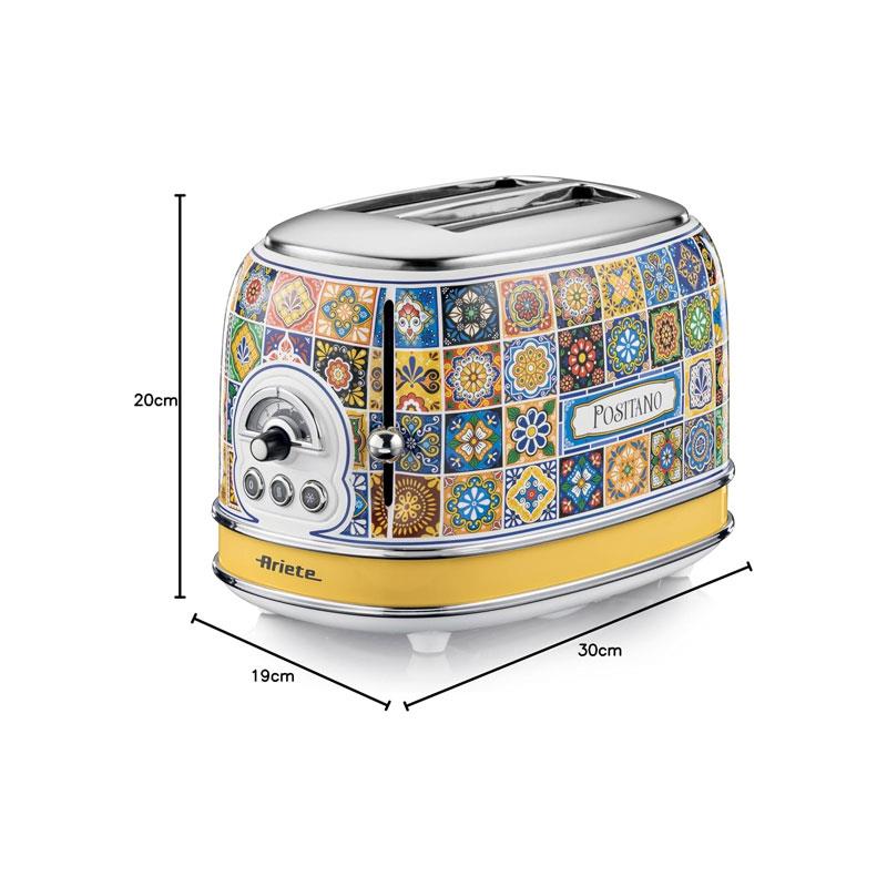 Ariete Positano 2 Slice Toaster 6 Levels of Gilding Crumb Tray Defrost Function Automatic Ejection Painted Steel Retro Italian Tile Design 810W Multicolour