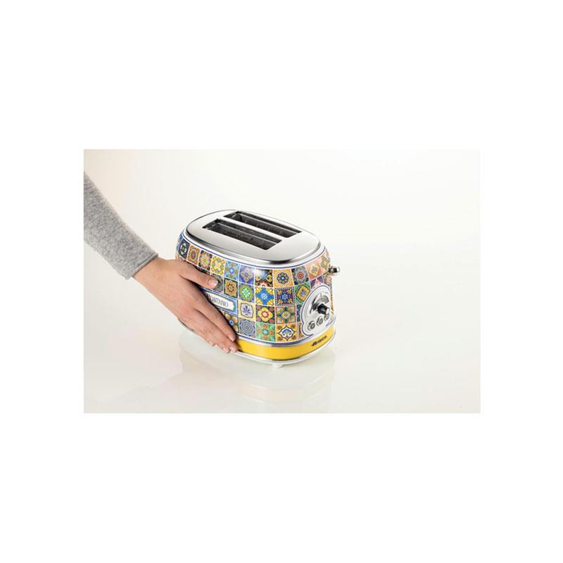 Ariete Positano 2 Slice Toaster 6 Levels of Gilding Crumb Tray Defrost Function Automatic Ejection Painted Steel Retro Italian Tile Design 810W Multicolour
