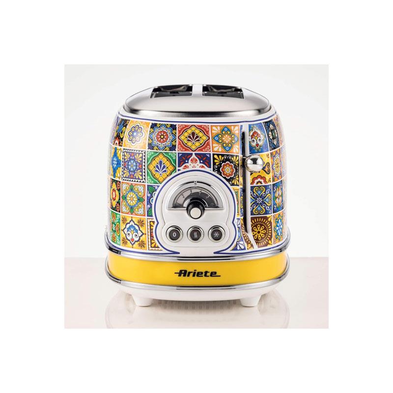 Ariete Positano 2 Slice Toaster 6 Levels of Gilding Crumb Tray Defrost Function Automatic Ejection Painted Steel Retro Italian Tile Design 810W Multicolour
