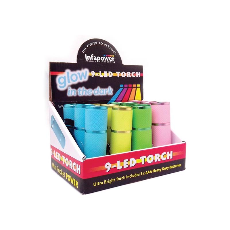 Infapower Ultra Bright 9 LED Torch Glow In The Dark Assorted Colour Main image