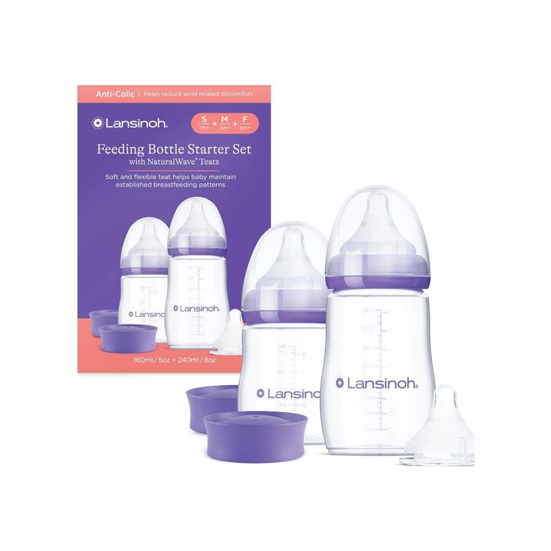 Lansinoh Feeding Bottle Starter Set Anti Colic Teat 160ml & 240ml Feeding Bottles 3 Naturalwave Silicone Teats Purple