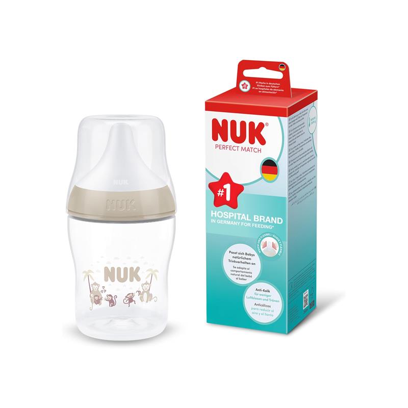 NUK Perfect Match Baby Bottle 150ml Anti Colic Feeding Bottle Temperature Control Indicator 0+ Months Monkey
