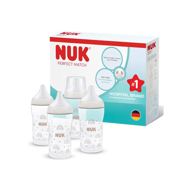 NUK Perfect Match Baby Bottle 4 x 260ml Anti Colic Feeding Bottle PP Temperature Control Indicator 3+ Months Rainbow