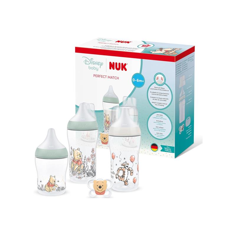 NUK Perfect Match Newborn Baby Bottles And Dummy Gift Set 3 x Anti-Colic Feeding Bottles  (150ml, 260ml) 1 x Perfect Match Air Dummy 0-6 Months Disney Winnie The Pooh Main image