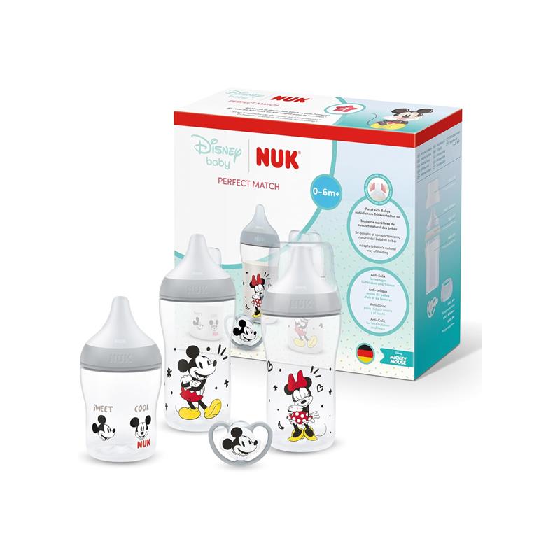 NUK Perfect Match Newborn Baby Bottles Dummy Set 3 x Anti-Colic Feeding Bottles (150ml, 260ml) 1 x Perfect Match Air Dummy 0-6 Months Disney Mickey Mouse